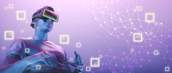 Aufkleber - Experiences of metaverse virtual world entertainment and Future digital technology cyber virtual Concept, the man with virtual reality VR, Innovation of futuristic-3d Rendering