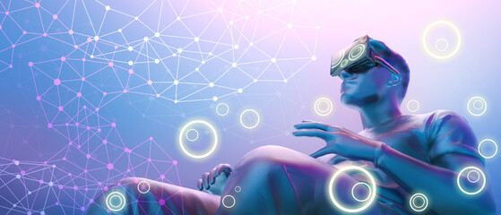 Experiences of metaverse virtual world entertainment and Future digital technology cyber virtual Concept, a man with virtual reality VR, Visualization and simulation, Innovation -3d Rendering