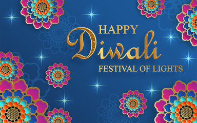 Happy Diwali vector illustration. Festive Diwali and Deepawali card. The Indian festival of lights on blue color background