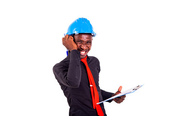 Wall Mural - young man engineer holding clipboard smiling.