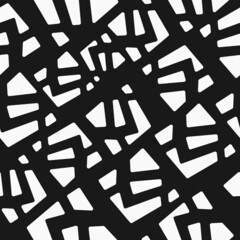 Poster - White fragments of a rounded shape are repeated on a black background. Vector seamless with simple shard decor elements.