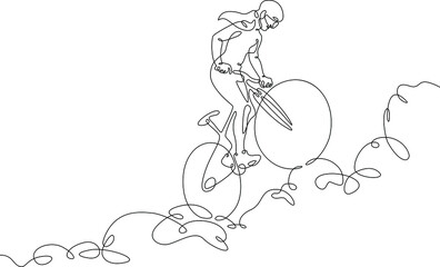 Wall Mural - One continuous line. Cyclist on a bike in the mountains. Mountain bike. Extreme sport.Woman cyclist.One continuous line drawn isolated, white background.