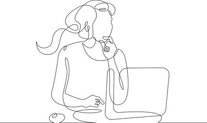 Wall Mural - One continuous line.A woman sits in front of a laptop. Internet work. Search for information in the computer. One continuous line drawn isolated, white background.