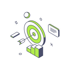 Successful corporate marketing strategy goal achievement data analyzing 3d icon isometric vector illustration. Business competition winning accuracy target dartboard arrow. Leadership solution idea