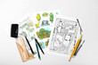 © Pixel-Shot - Paper sheets with sketches for landscape design and stationery on light background