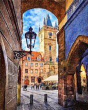 Real Painting Modern Artistic Artwork Prague Czechia Drawing In Oil City Center Vintage Houses And Architecture, Europe Travel, Wall Art Print For Canvas Or Paper Poster, Tourism Production Design