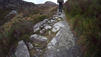 Wall Mural - A man with backpack hiking up old Roman steps in Snowdonia Rhinogydd mountains in Wales