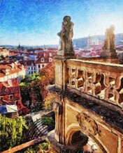 Real Painting Modern Artistic Artwork Prague Czechia Drawing In Oil City Center Vintage Houses And Architecture, Europe Travel, Wall Art Print For Canvas Or Paper Poster, Tourism Production Design