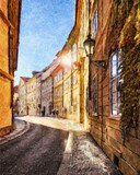 Fototapeta Uliczki - Real painting modern artistic artwork Prague Czechia drawing in oil city center vintage houses and architecture, Europe travel, wall art print for canvas or paper poster, tourism production design