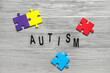 Word AUTISM with puzzle pieces on grey wooden background