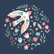Vector Bird, Flowers, Leaves, Berries  In Folklore Style In  Shape Of A Circle. Doves Of Peace. Doodle Illustrations With Stylized Decorative Floral Elements. Good For Posters, T Shirts, Postcards.