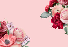 Floral Banner, Header With Copy Space. Ranunculus, Red Rose, Tulip And Hyacinth Isolated On Pink Background. Natural Flowers Wallpaper Or Greeting Card.