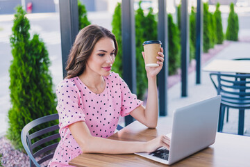 Poster - Portrait of attractive focused skilled wavy-haired girl using laptop working distance chatting drinking latte sitting at cafe outdoors