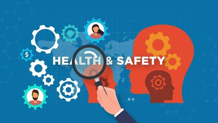 health & safety concept animation.gears and Silhouette of a human head.