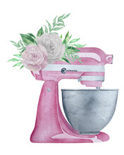 Watercolor Pink Pastry Planetary Mixer With Flowers And Greenery. Bakery Illustration For Invitation, Pastry, Menu, Logos