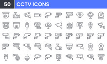 Surveillance Camera Vector Line Icon Set. Contains Linear Outline Icons Like CCTV, Security Smart Cam, Videocamera, Home Safety Control Protection Equipment. Editable Use And Stroke For Web.