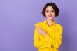 Photo of nice millennial lady index promo wear formal cloth isolated on purple color background