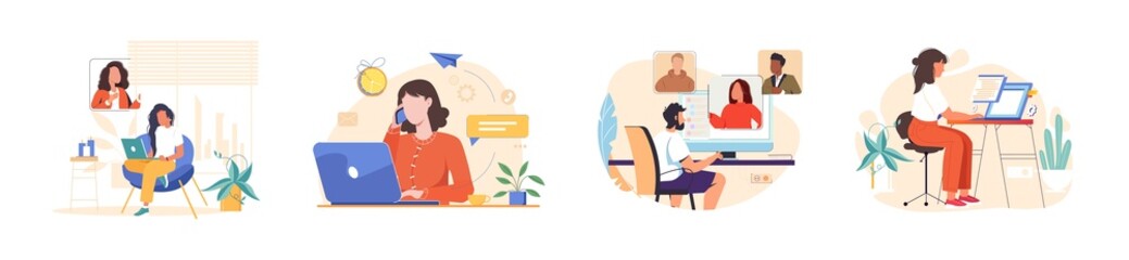 Fototapete - Support services. People with computers during online business communication at remote work. Set of man and woman with laptops at virtual video conference calls. Flat vector isolated illustrations.