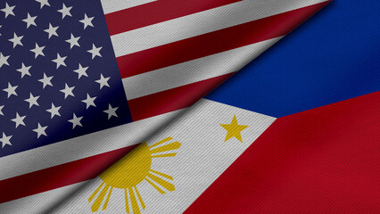 Wall Mural - 3D Rendering of two flags from United States of America and Republic of the Philippines together with fabric texture, bilateral relations, peace and conflict between countries, great for background