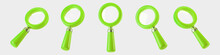 3d Green Magnifying Glass Icon Set Isolated On Gray Background. Render Minimal Transparent Loupe Search Icon For Finding, Reading, Research, Analysis Information. 3d Cartoon Realistic Vector