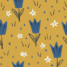 Blue Tulip Vector Seamless Pattern On Yellow Background For Kids - For Fabric, Wrapping, Textile, Wallpaper, Background.