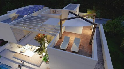 Poster - Aerial view of a Sustainable luxury villa at dusk