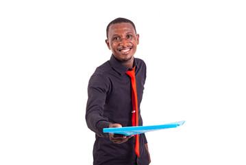 Poster - young businessman giving a folder smiling.