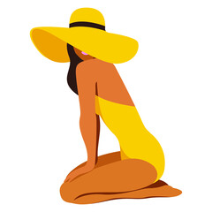 Wall Mural - vector illustration on the theme of summer holidays. a tanned girl in a yellow swimsuit sits on her knees on the beach in a hat isolated on a white background. useful for advertising summer holiday.