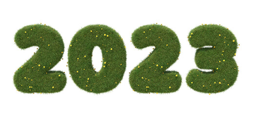 Wall Mural - 2023 year logo made of realistic grass with dandelions. Isolated on white background. 3D image