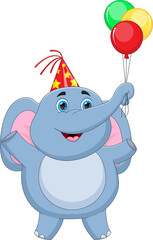 Wall Mural - cartoon baby elephant  holding balloons and wearing a party hat