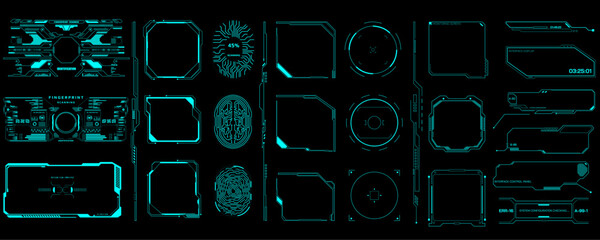 Wall Mural - HUD UI Futuristic Elements of Screen, Dashboard, Frame, Circle Set Vector. Green Object Abstract Graphic For User Interface Control Panel Game Apps Illustration.