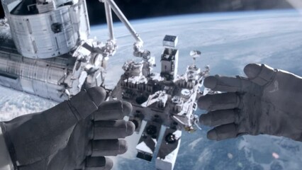 Wall Mural - pov first person view of earth and international space station through the astronaut helmet during t