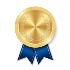 golden award sport medal for winners with blue ribbon