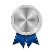 Silver Award Sport Medal For Winners With Blue Ribbon