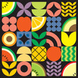 © Adpragus - Geometric summer fresh fruit cut artwork poster with colorful simple shapes. Scandinavian styled flat abstract vector pattern design. Minimalist illustration of fruits and leaves on black background.