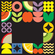 © Adpragus - Geometric summer fresh fruit cut artwork poster with colorful simple shapes. Scandinavian styled flat abstract vector pattern design. Minimalist illustration of fruits and leaves on black background.