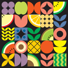 Geometric Summer Fresh Fruit Cut Artwork Poster With Colorful Simple Shapes. Scandinavian Styled Flat Abstract Vector Pattern Design. Minimalist Illustration Of Fruits And Leaves On Black Background.
