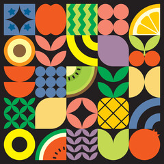 Geometric summer fresh fruit cut artwork poster with colorful simple shapes. Scandinavian styled flat abstract vector pattern design. Minimalist illustration of fruits and leaves on black background.