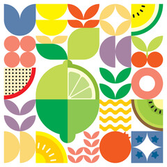 geometric summer fresh fruit cut artwork poster with colorful simple shapes. scandinavian style flat