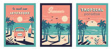 Set Of Summer Beach Vintage Card. Summer Background. Tropical Seascape With Bus, Silhouettes Of Palms, Leaves, Hammock, Surfboard, Starfish, Seashells. Vector Flat Illustration For Travel, Holidays