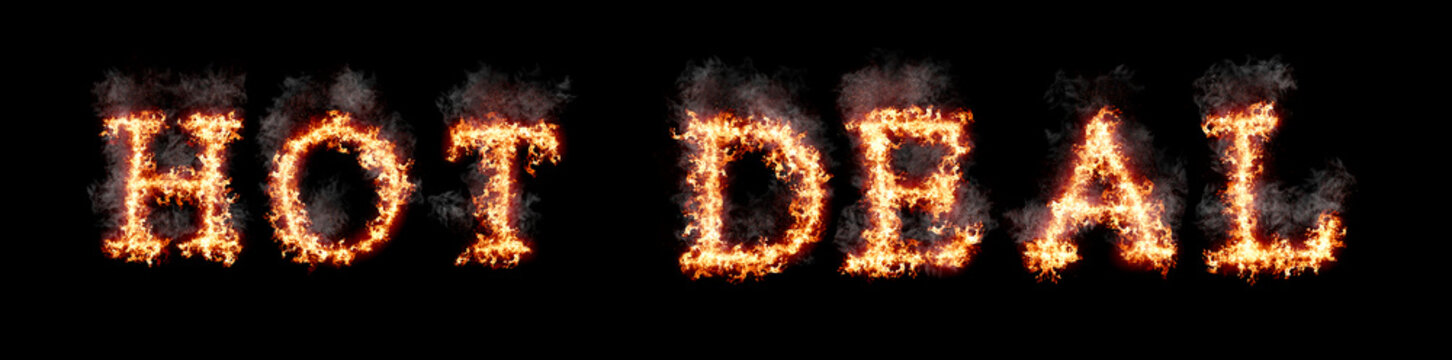 Text hot deal burning with fire and smoke, digital art isolated on black background