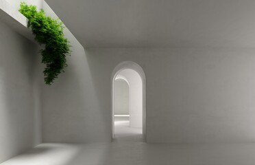 Wall Mural - 3d rendering of an empty concrete room with an entrance archway and plants on the wall, product presentation space or gallery