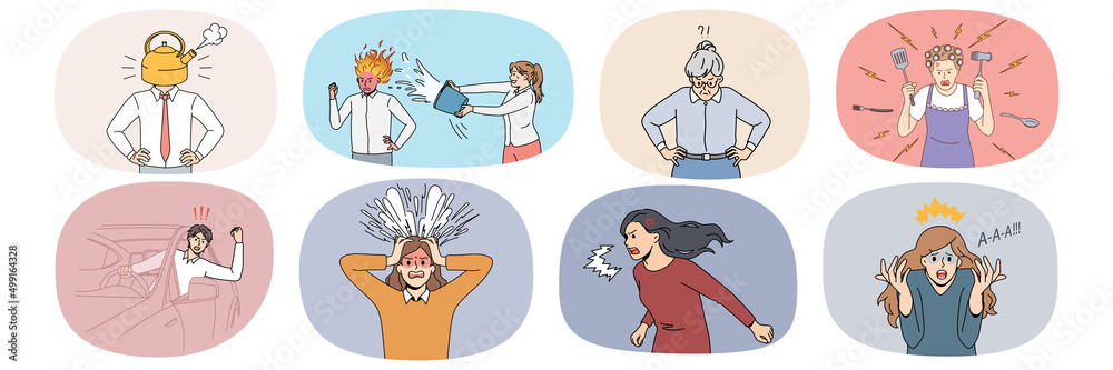 Set of mad diverse people scream and shout feel distressed and angry ...
