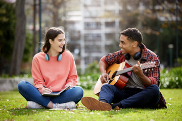 Poster - Ive been working on a song for you. Shot of two students sitting together on campus.
