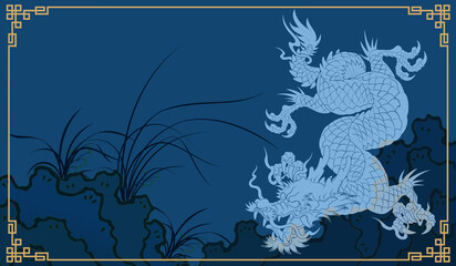 Wall Mural - oriental dragon chinese japan korean traditional style solid blue  rock orchid pattern