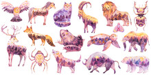 Set Of Watercolor Spiritual Sacred Animals. Totem Animals Watercolor Illustration