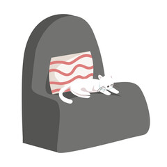 Poster - Grey armchair with cushion and white cat semi flat color vector object. Living room furniture. Full sized item on white. Simple cartoon style illustration for web graphic design and animation