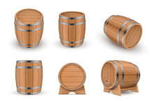 Collection Realistic Wooden Barrels Different Sides For Liquid Storage And Carrying Vector