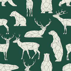 Poster - Polygon bears, deers pattern. Low poly forest animal. Triangle graphic