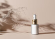 Blank, unbranded cosmetic serum bottle with water splash. Skin care product presentation on brown background. Luxury mockup. Dropper bottle, hyaluronic acid, oil, serum with copy space. 3D rendering.